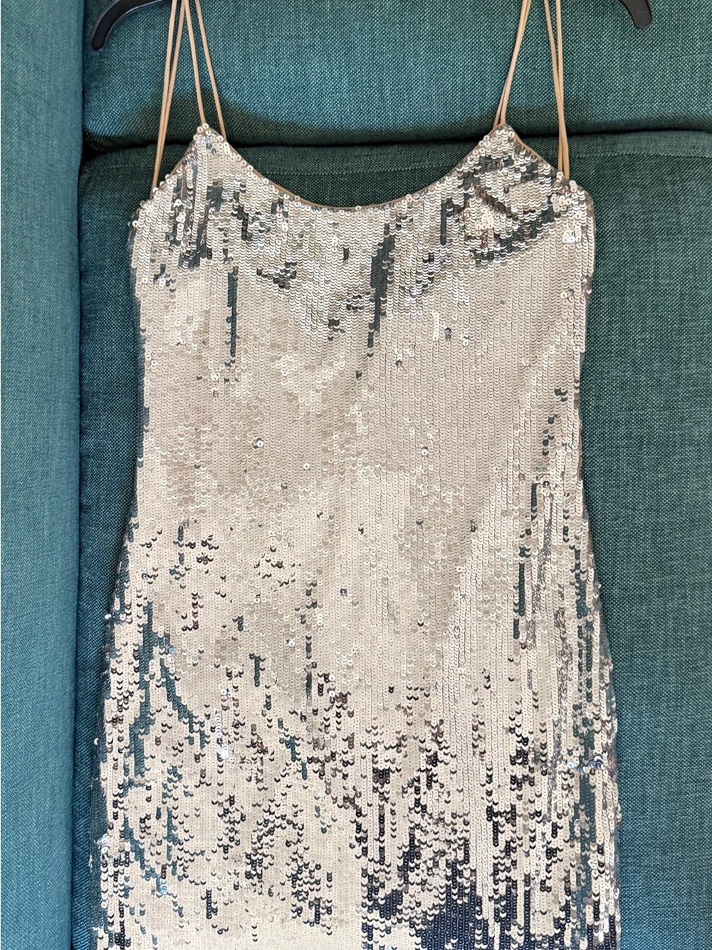 Alice + Olivia Sequin Slip Dress with Nude Straps - Silver Champagne Shine